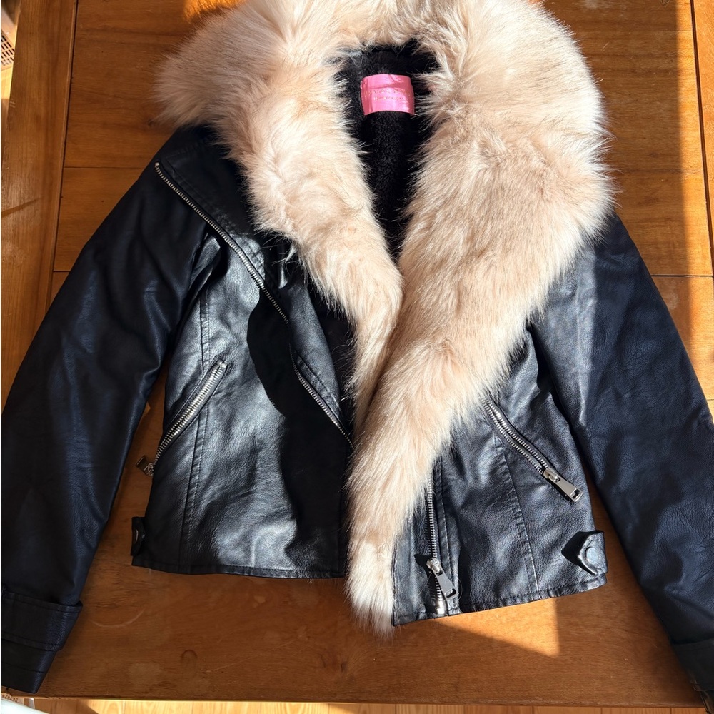 Black Leather Jacket with Cream Fur Collar